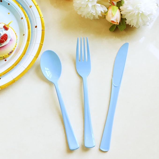 150 Pack Blue Plastic Silverware, Light Blue Plastic Utensils Heavy Duty, 50 Forks, 50 Knives, 50 Spoons for Birthday Wedding Baby Shower Boy