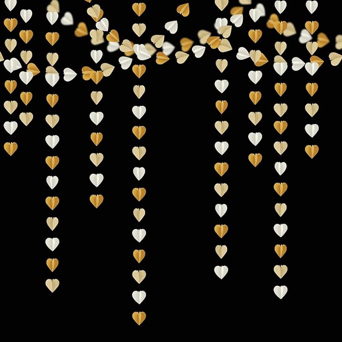 White-Gold Champagne Gold 3D-Heart Garland - 39Ft Christmas Wedding Engagement Hanging Decoration Streamers Banner,Bachelorette Neutral Baby Bridal Shower Valentines Party Decor Ouruola