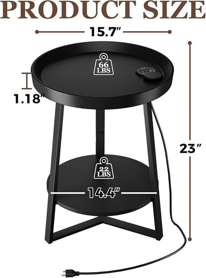 Gadroad Round End Table with Charging Station, USB Ports and Anti-Drop Fence, Wood Tabletop & Black Metal Frame, 2-Tier Side Table for Living Room, Bedroom, Black 15.7 * 15.7 * 23.0 inches