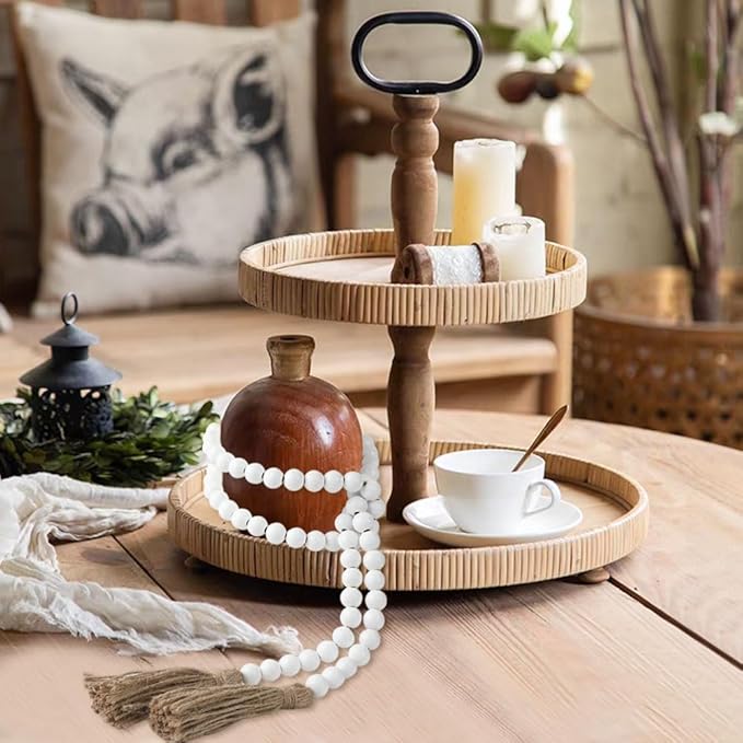 Wood Bead Garland 58 Inch White Wooden Beads for Boho Farmhouse Table Home Decor with Tassel, Wooden Prayer Bead, Rustic Country Boho Wall Hanging Decor for Kitchen Modern Living Room Tray Vase Shelf