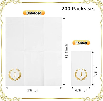 200 Pack Monogrammed Disposable Napkins Gold Foil Letter J Guest Napkins Initial Disposable Hand Paper Towels for Wedding Engagement Baby Shower Party Home Kitchen Bathroom Dinner Decorative Towels