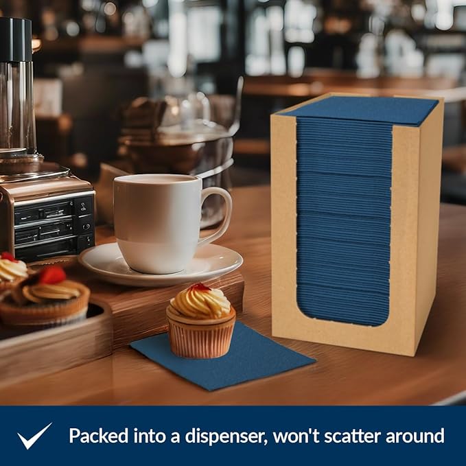 PAW - 100-Pack Disposable Linen-Feel Cocktail Napkins 4" x 4", Navy Blue Premium Paper Desert Napkins for Parties, Events, Elegant Cloth-Like Beverage Napkins For Bars, Restaurants, Catereres