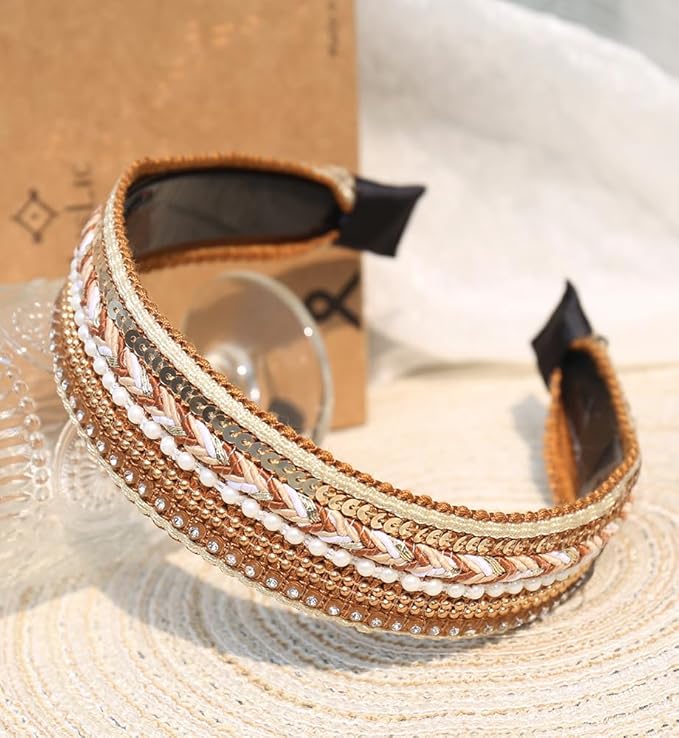 Women's Boho Sequin Pearls Headbands for Women Non Slip, Girls Sparkly Wide Hair Accessories Christmas Gift (Boho Yellow Wide)