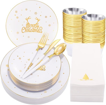 Nervure 175PCS Christmas Plastic Plates - White and Gold Disposable Plates & Gold Plastic Silverware with White Handle include 50 Plates 25Knives 25Forks 25Spoons 25Napkins for Christmas Party