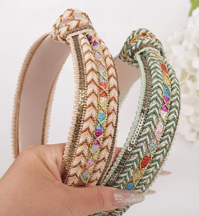 Women's Boho Top Knotted Braided Headbands for Women Non Slip, Girls Sparkly Wide Hair Accessories Christmas Gift (Boho Green Knot)