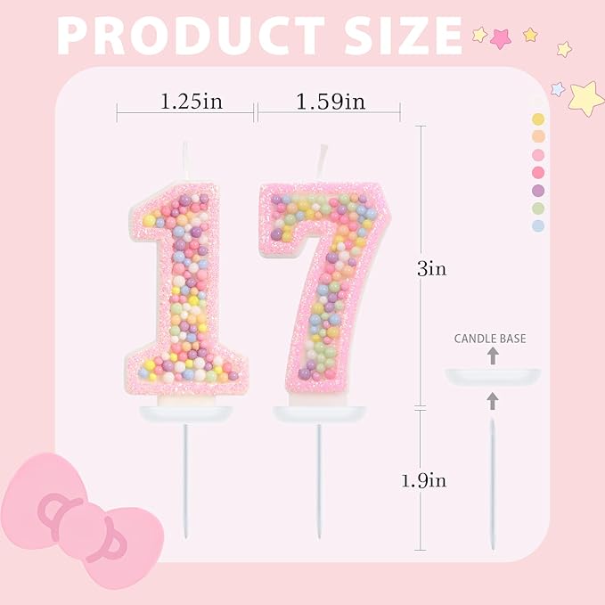 Birthday Candles - Number 17 Candle, Colorful Macaron Candles, 17 Birthday Decorations for Girls, Cake Decorations, Sweet Theme Party Supplies (Pink)