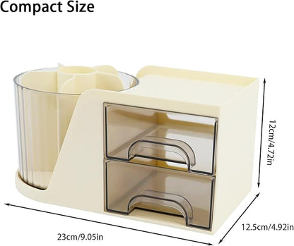 Desk Organizer with Rotating Pencil Pen Holder and 2 Small Drawers, Desk Caddy for Office Workspace Organization and Storage (Beige)