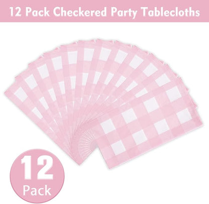 Kesfey 12 Packs Pink Gingham Tablecloth 54 x 108 Inches Pink and White Checkered Table Cloths Party Picnic Disposable Table Covers Splashproof Plastic Checkered Gingham Tablecover for Dinners Party