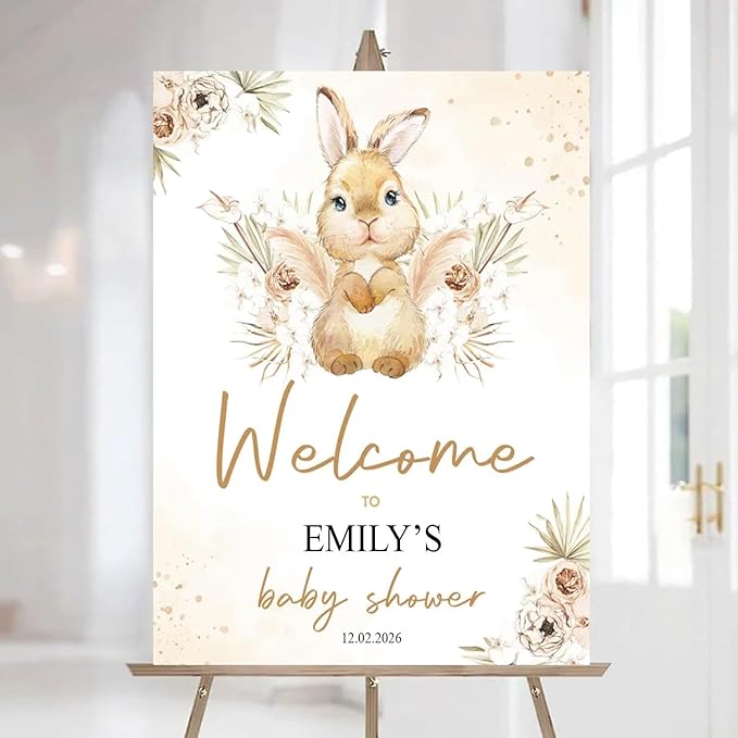 Personalized Bunny Rabbit Baby Shower Welcome Sign for Girl, Pink Peter Rabbit Theme, Greenery Bunny baby shower sign, Gift for Boys & Girls, Gender Reveal Decor, Birthday Party Favors (Style 24)