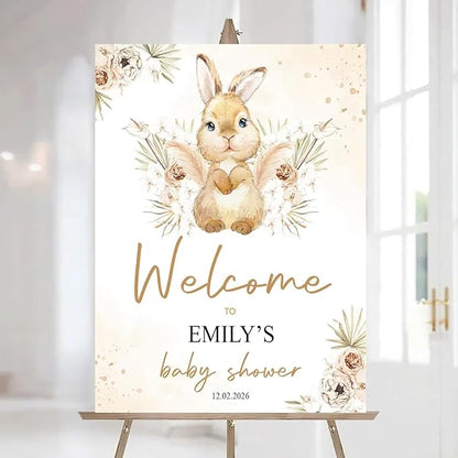 Personalized Bunny Rabbit Baby Shower Welcome Sign for Girl, Pink Peter Rabbit Theme, Greenery Bunny baby shower sign, Gift for Boys & Girls, Gender Reveal Decor, Birthday Party Favors (Style 24)