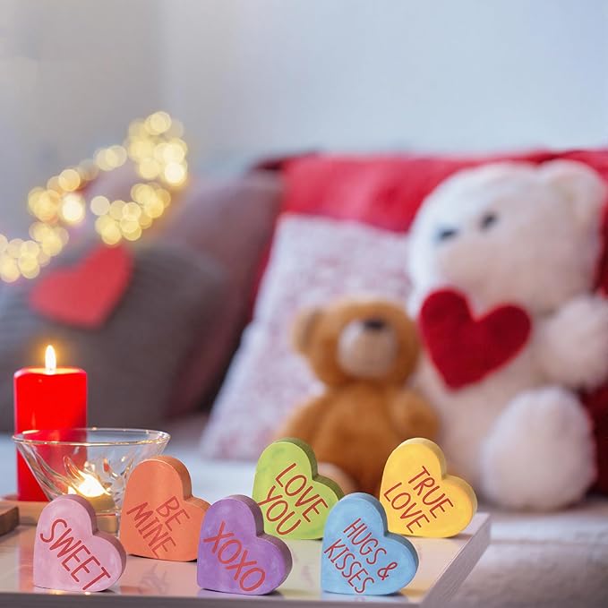 Smile Valentine's Day Colorful Heart - Shaped Wooden Block Decor, Be Mine XOXO Sweet, Valentine Indoor Decoration