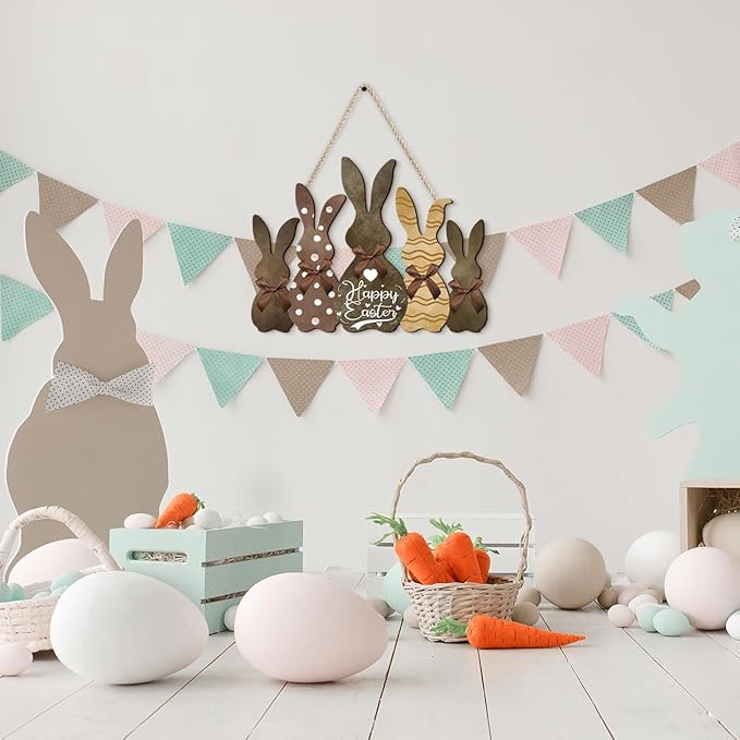 Kercan Happy Easter Hanging Door Sign Plaque Bunny Decor, Easter Wooden Wall Hanging Sign for Front Door, 11.6 × 8.6 inch Welcome Decorations for the Home Party (Five Rabbits)