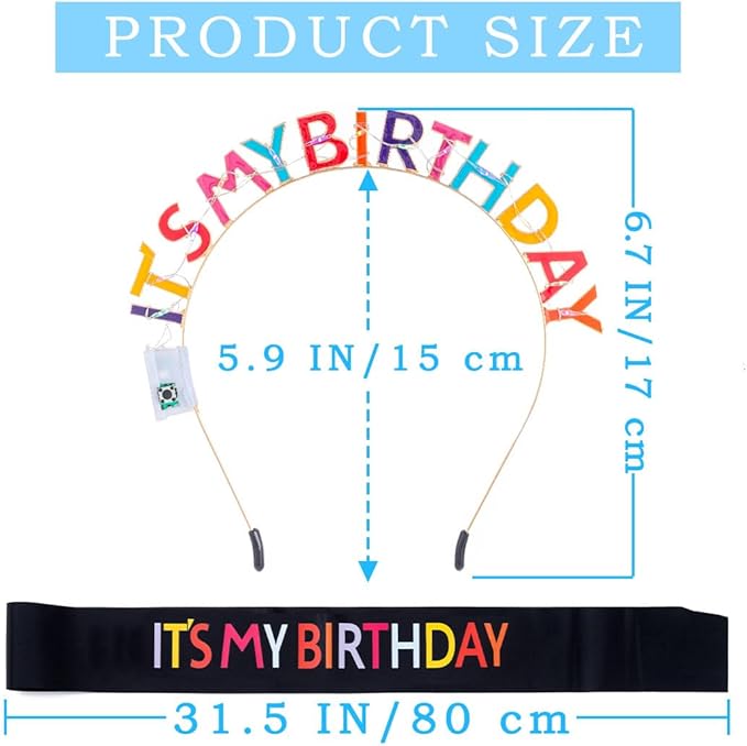 Its My Birthday Headband and Sash Light Up Crown Led Birthday Accessories Sets for Women