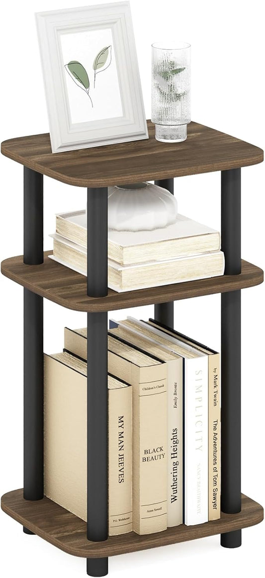 Furinno JUST Side Table, 3-Tier Turn-N-Tube End Table with Open Shelf, Round Curve Corner Night Stand, Bedside Table, Easy Assembly, for Living Room, Bedroom, Columbia Walnut