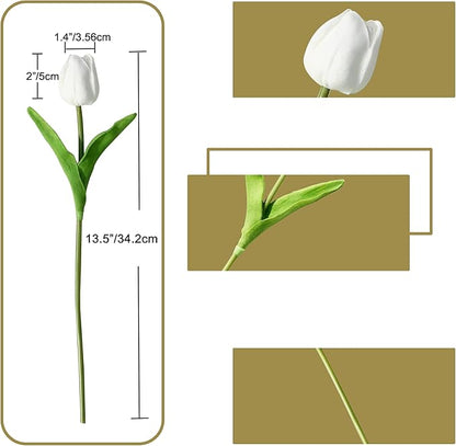 ONLY ART Artificial White Tulips 20 Pcs – 13.5 Inch PU Faux Flowers with Bendable Stems for Home Décor, Wedding Centerpieces, DIY Floral Arrangements, Table Decorations