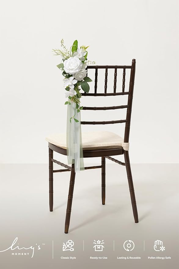 Ling's moment 8 Wedding Artificial Aisle Pew Flowers Chair Decorations Arrangements with Chiffon Ribbons Lily White for Ceremony Reception Chair Back Floral Decor Reception Church Party Outdoor