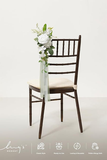 Ling's moment 8 Wedding Artificial Aisle Pew Flowers Chair Decorations Arrangements with Chiffon Ribbons Lily White for Ceremony Reception Chair Back Floral Decor Reception Church Party Outdoor