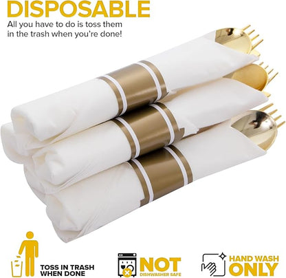 400PCS Pre Rolled Gold Plastic Silverware Sets - Heavy Duty Gold Cutlery - Include 100 Pack Wrapped Disposable Utensils with Napkins for Parties, Dinners & Weddings