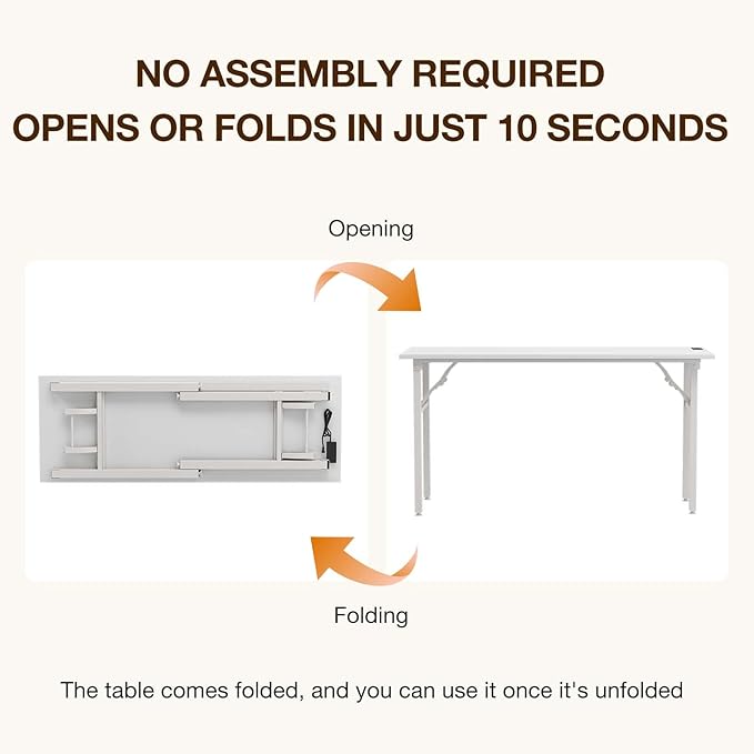 TEMI Long Computer Desk Folding Table - No Assembly, Compact 55.1" Foldable Desk with Power Outlets & USB Charging Port, Portable Lagre Office Desk, Ideal Large Study Table for Narrow Spaces,White Ash
