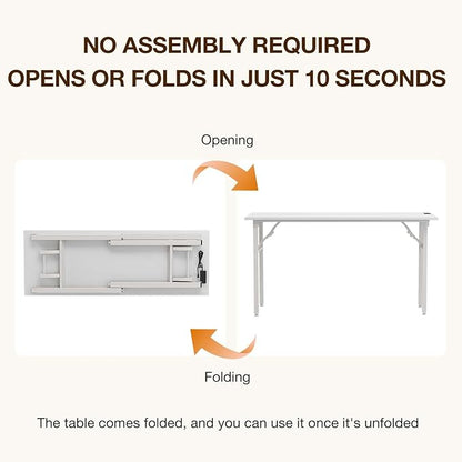 TEMI Long Computer Desk Folding Table - No Assembly, Compact 55.1" Foldable Desk with Power Outlets & USB Charging Port, Portable Lagre Office Desk, Ideal Large Study Table for Narrow Spaces,White Ash
