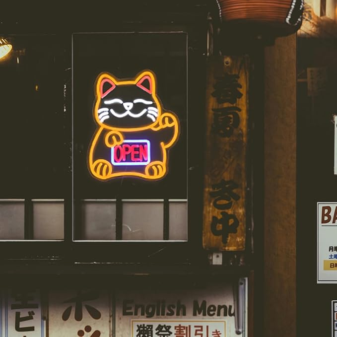 Lucky Cat Neon Sign Open LED Signs for Japanese Room Decor Fortune Cat Neon Light Dimmable Open Neon Signs for Restaurant Ramen Shop Izakaya Sushi Bar Decor Business Openings