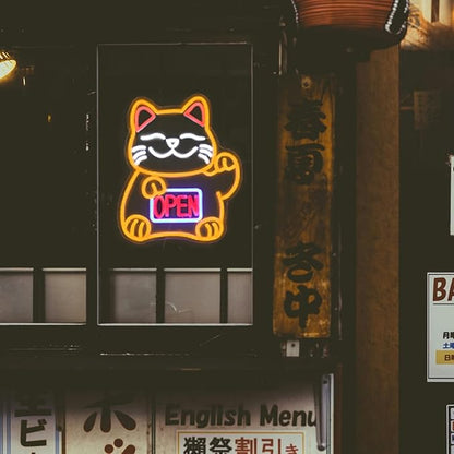Lucky Cat Neon Sign Open LED Signs for Japanese Room Decor Fortune Cat Neon Light Dimmable Open Neon Signs for Restaurant Ramen Shop Izakaya Sushi Bar Decor Business Openings