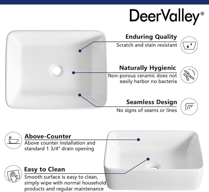DeerValley Ally 19x15 Inch Rectangular Vessel Sink, White Ceramic Above Counter Bathroom Basin, DV-1V031
