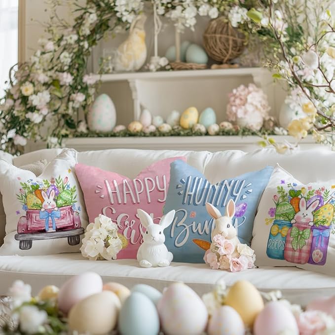 GEEORY Happy Easter Eggs Hunny Bunny Throw Pillow Covers 20x20 Inch Set of 4, Peeps Mason Jars Truck Spring Decorative Farmhouse Holiday Cushion Case for Home Decoration G688-20