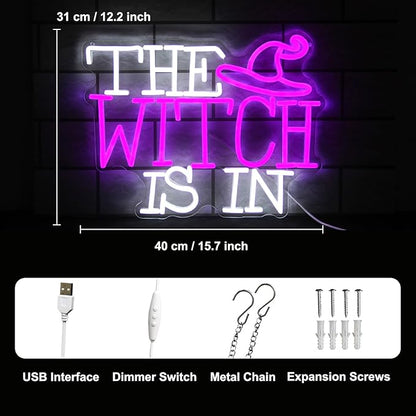 The Witch Is In Neon Signs for Wall Halloween Decor - Witch Hat Neon Light Purple Dimmable LED Sign Gothic Lamp for Haunted Mansion House Party Decor