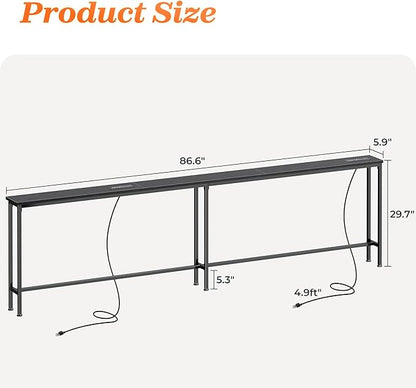 SUPERJARE Sofa Table with 2 Power Outlets and USB-C Ports, 5.9 Inch Narrow Console Table with Storage, Extra-Long, for Entryway Hallway Couch Behind Sofa, Small Spaces (Black, 5.9"D x 86.6"W x 29.7"H)