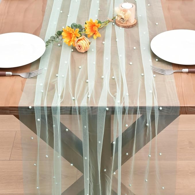 Sage Green Pearl Fall Thanksgiving Table Runner Boho Rustic Tulle Lace Table Runner for Baby Shower Wedding Arch Decor Veil Dessert Table Decor