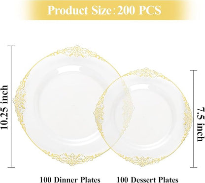 200 PCS Clear and Gold Plastic Plates for 100 Guests, Elegant Clear Disposable Plates with Gold Trim, Include 100 PCS Dinner Plates, 100 PCS Dessert Plates for Party, Birthday and Graduation