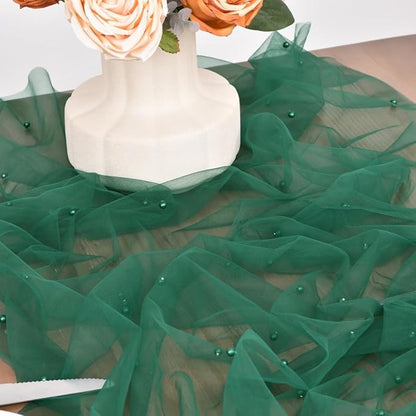 Dark Green Pearl Fall Thanksgiving Table Runner Boho Rustic Tulle Lace Table Runner for Baby Shower Wedding Arch Decor Veil Dessert Table Decor