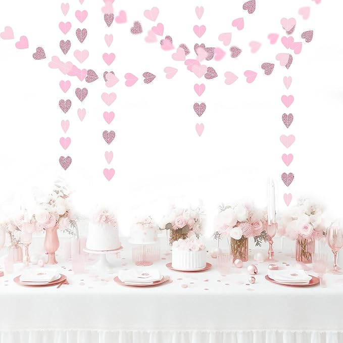Rose-Gold Hot-Pink Decorations for Party - 52Ft Heart Paper Garland Decoration Streamers Birthday Banner Bridal Baby Shower Wedding Bachelorette Engagement Graduation Hanging Decor Hongtongtong