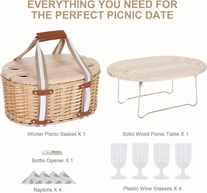Picnic Basket Set for 4 - Wicker Insulated Picnic Basket with Folding Wine Table, Wine Picnic Kit with Liner for Couples, Camping, Outdoor, Valentine (Leaf)