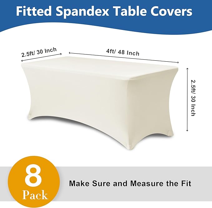 Spandex Table Cover Fitted 4ft Rectangular Tables-8 Pack Cream Stretch Table Clothes-Stretchable Folding Tableclothes for Party, Vendor Booth Display, Banquet Buffet Event, Craft Trade Show