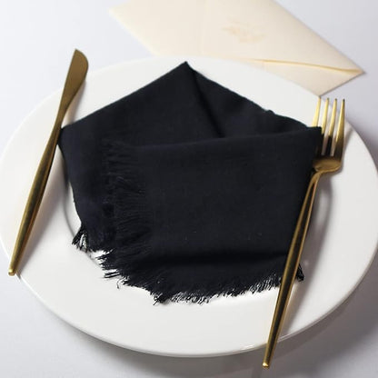 Handmade Cloth Napkins with Fringe,18 x 18 Inches Cotton Linen Napkins Set of 6 Versatile Handmade Square Rustic Fringe Napkins for Dinner, Wedding and Parties, Black