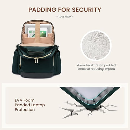 LOVEVOOK Laptop Backpack for Women with Pouch Pocket for Large Capacity Cup,18 Inch Laptop Computer Bag Travel Backpack Purse,Waterproof Work Business Backpack College Teacher Bags,Dark Green