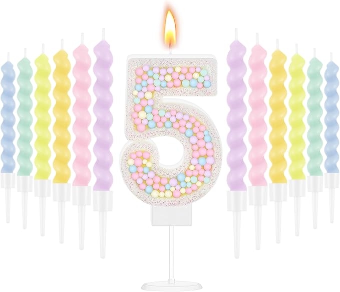 MTLEE Number 5 Birthday Candle with 12 Pcs Spiral Candles for Girls Macaron Pastel Rainbow Unicorn Pink Cake Topper for Sweet Theme Party Decoration