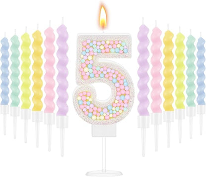 MTLEE Number 5 Birthday Candle with 12 Pcs Spiral Candles for Girls Macaron Pastel Rainbow Unicorn Pink Cake Topper for Sweet Theme Party Decoration