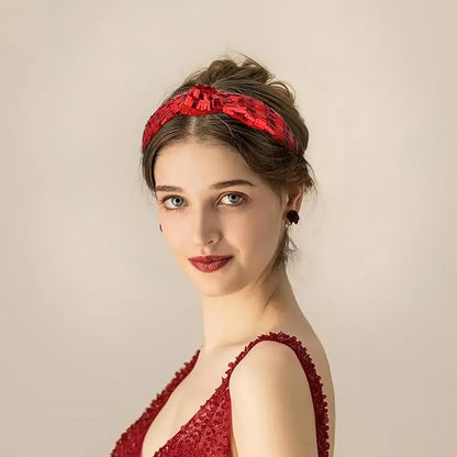 Red Headbands for Women Sequins Knotted Headband Top Knot Hair Band Non-slip Head Band Soft Fashion Christmas Accessories for Women Girls