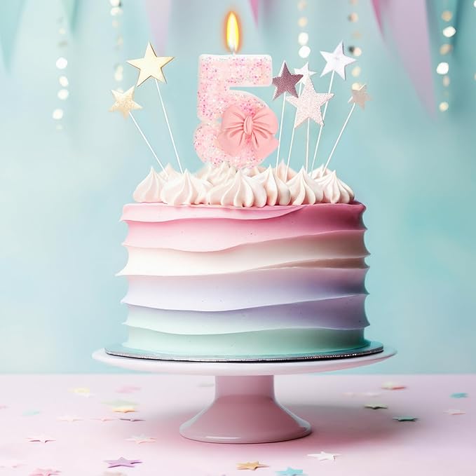 Birthday Candle for Cake, 5 Candle - Pink Glitter with Bowknot, 2.76 inch Happy Birthday Candle, Cake Topper Decoration for 5 Years Old Birthday Party (Number 5)