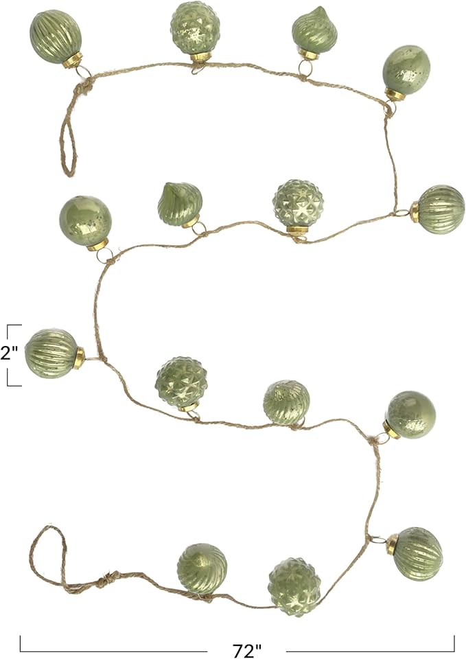 Creative Co-Op Embossed Mercury Glass Ball Ornament Garland with Jute Cord, Olive Green