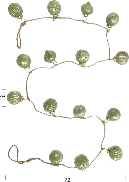 Creative Co-Op Embossed Mercury Glass Ball Ornament Garland with Jute Cord, Olive Green