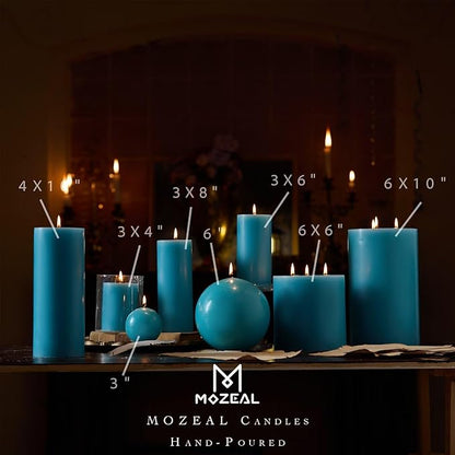 MOZEAL 4" x 10" Extra-Large Turquoise Pillar Candles (Set of 2), Unscented,Dripless, Smokeless,Long Clean-Burning,These Tall 10 inch Large Teal Pillar Candles Perfect for Weddings and Spring Decor