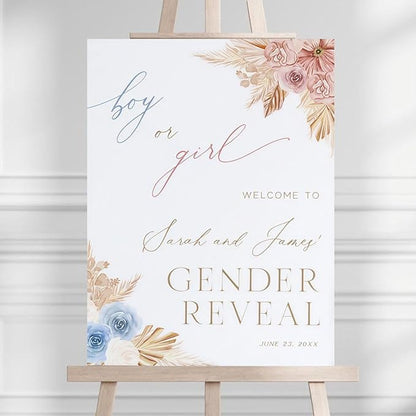 Boho Gender Reveal Welcome Sign, Floral Pink, Blue, White, Boy or Girl
