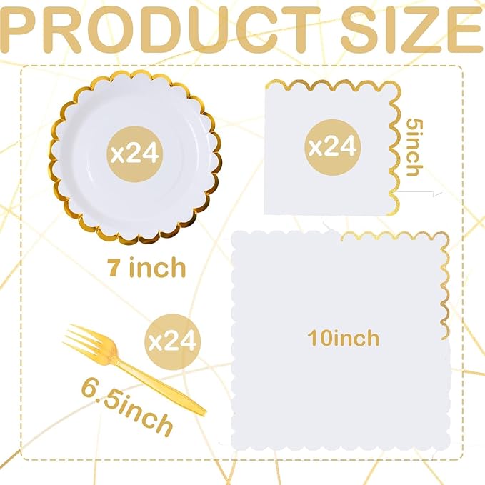 White scalloped party plates with napkins and fork gold foil border, 24 Guest disposable Tableware Set Party Decoration for Birthday Coquette Bridal Baby Shower Valentines