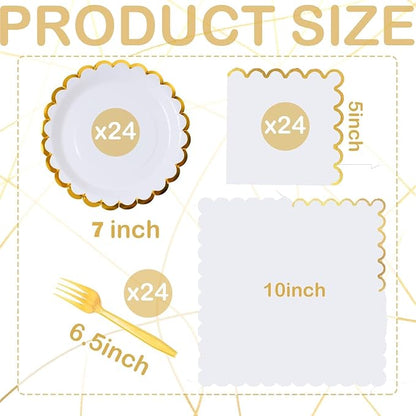 White scalloped party plates with napkins and fork gold foil border, 24 Guest disposable Tableware Set Party Decoration for Birthday Coquette Bridal Baby Shower Valentines