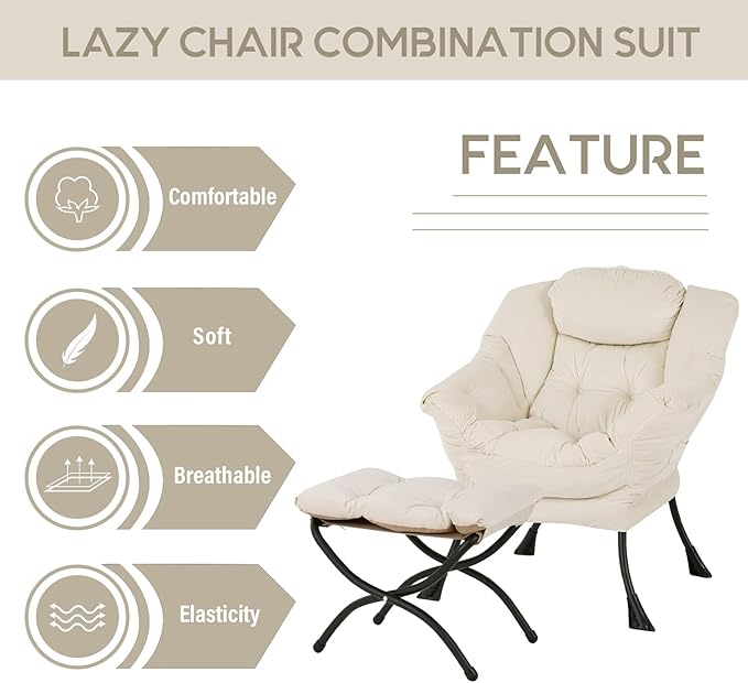 LITA Lazy Chair with Ottoman, Modern Accent Leisure Upholstered Sofa Chair, Contemporary Lounge Reading Chairs with Armrests and a Side Pocket for Living Room, Bedroom & Small Space, Beige