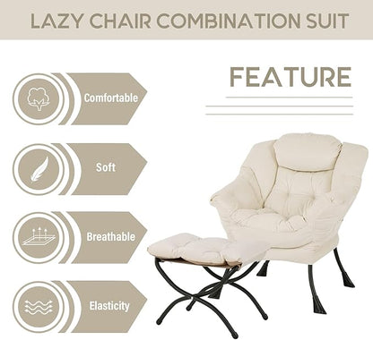 LITA Lazy Chair with Ottoman, Modern Accent Leisure Upholstered Sofa Chair, Contemporary Lounge Reading Chairs with Armrests and a Side Pocket for Living Room, Bedroom & Small Space, Beige